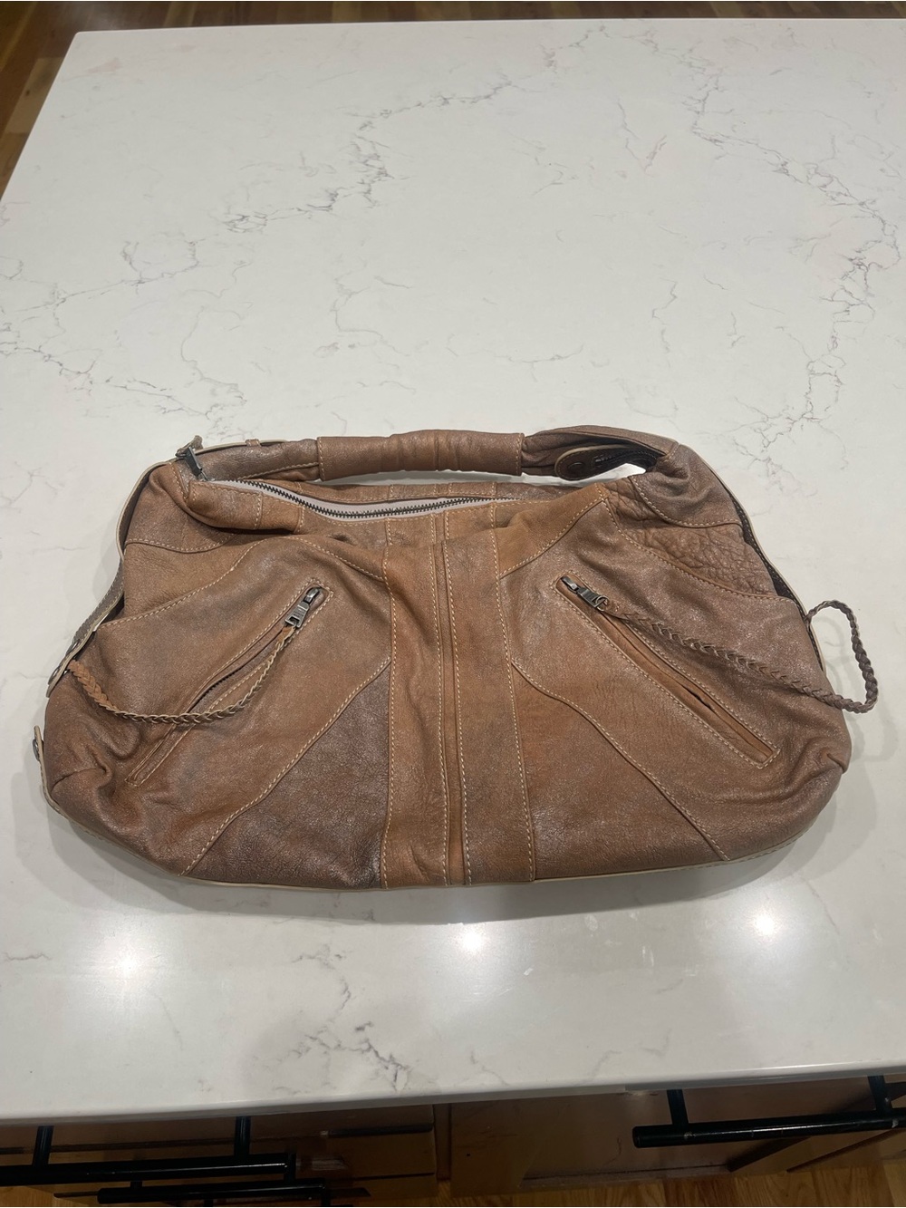 Andrew Marc Tan Leather Shoulder Bag with Interior Zip Pocket